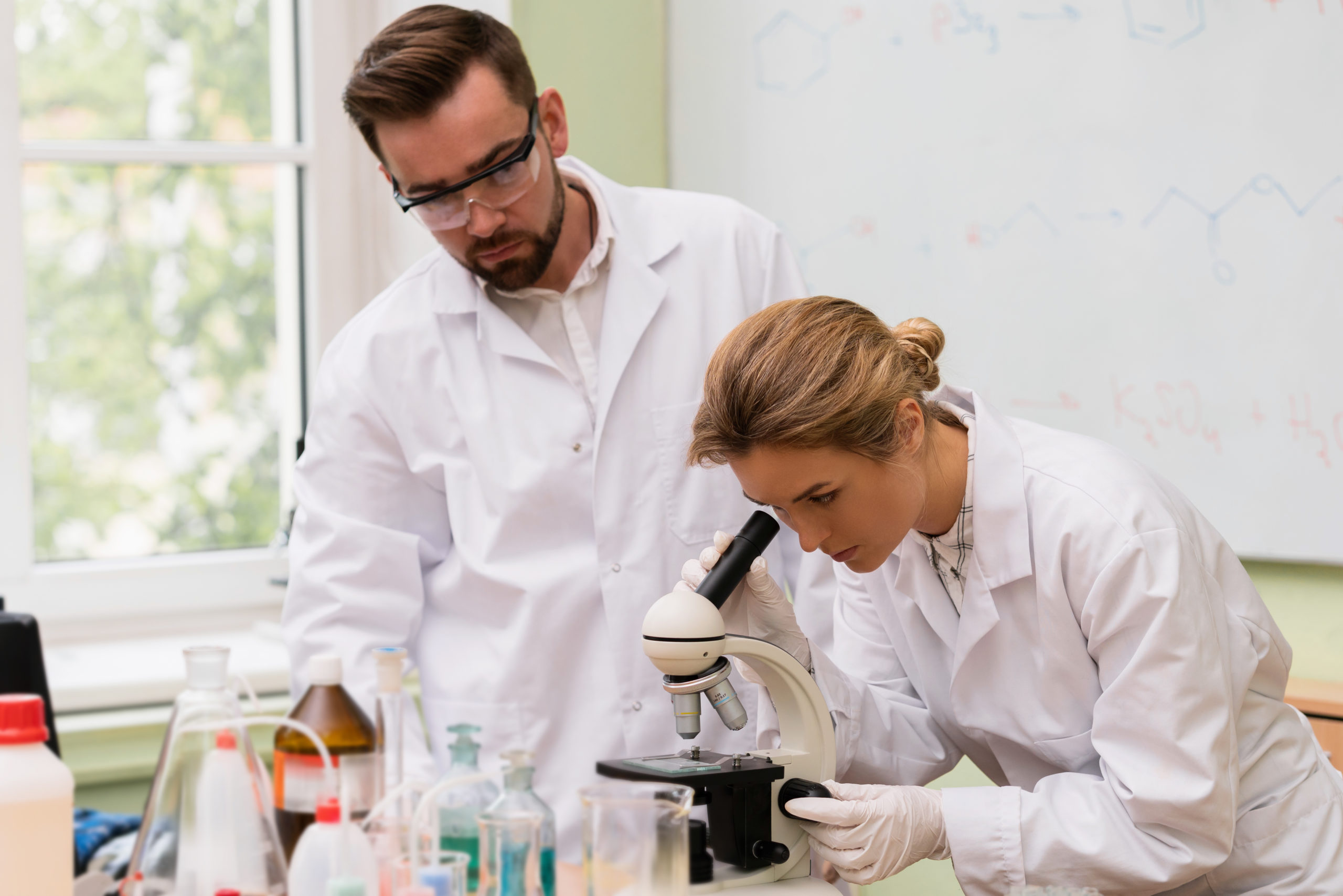 Two life sciences colleagues working in lab